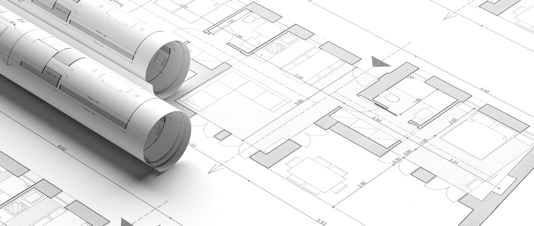 Building project blueprint plans. Real estate, construction concept. Architecture design, banner. 3d illustration