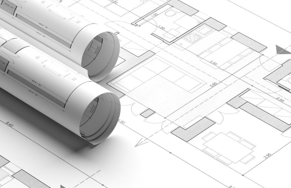 Building project blueprint plans. Real estate, construction concept. Architecture design, banner. 3d illustration